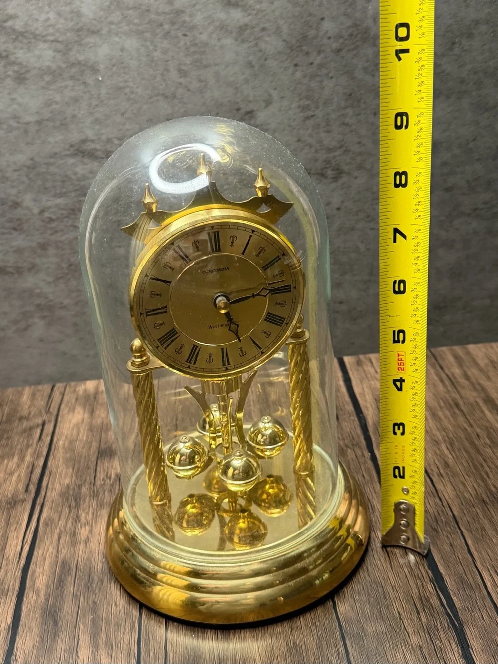 Vintage Concordia Brass Anniversary Clock – Westminster – Glass Dome works